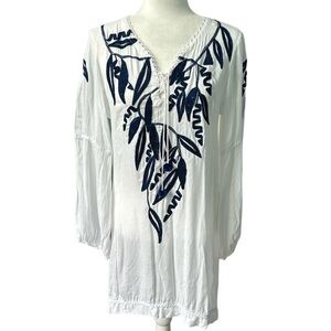 Poupette St. Barth White and Navy Blue Embroidered Dress Size Medium